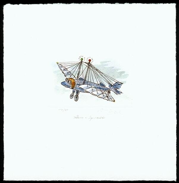 Cartoon  Grafik  Kaltnadel / Aquarell Titel: Aero-Sprott  -  zur&uuml;ck zur &Uuml;bersicht bitte hier klicken