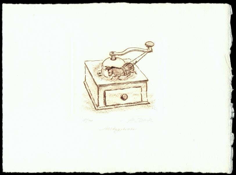 Cartoon  Grafik  Kaltnadelradierung Titel: Alltagstrott  -  zur&uuml;ck zur &Uuml;bersicht bitte hier klicken