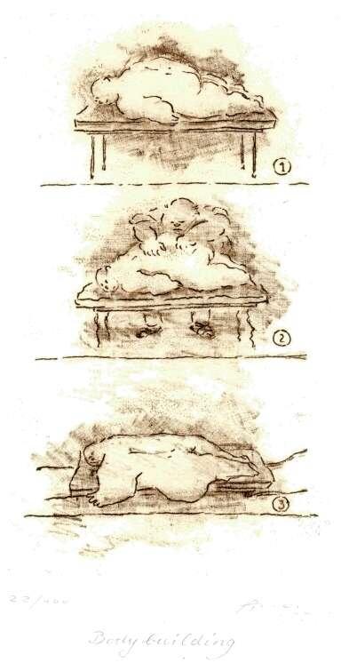 Cartoon  Grafik  &Auml;tzradierung Titel: Bodybuilding  -  zur&uuml;ck zur &Uuml;bersicht bitte hier klicken