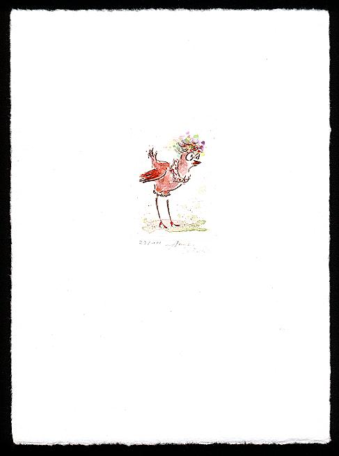 Kaltnadelradierung  Vogelhochzeit Titel:  Brautjungfer 2  -  zur&uuml;ck zur &Uuml;bersicht hier klicken