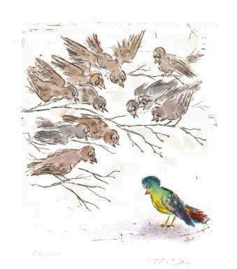 Cartoon   &Auml;tzradierung   Titel : Das kleine bunte V&ouml;gelchen  -  zur&uuml;ck zur &Uuml;bersicht hier klicken