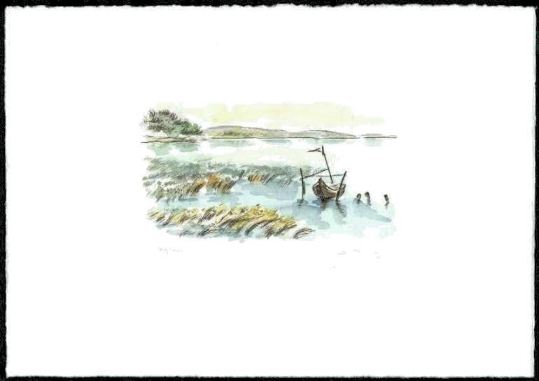 Radierung   Landschaft    Titel : Fischerkahn mit  -  einem Klick zur&uuml;ck zur &Uuml;bersicht