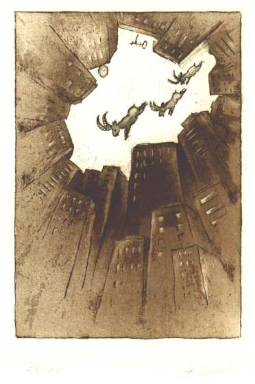 Cartoon  Druckgrafik   Titel: Gro&szlig;stadtvision   Technik: Farbaquatinta   Plattenformat: 13 cm x 18,5 cm   Papierformat ca. 25 cm x 31 cm   gedruckt auf B&uuml;ttenpapier   Auflage 1 - 75   -   zur&uuml;ck zur &Uuml;bersicht bitte hier klicken