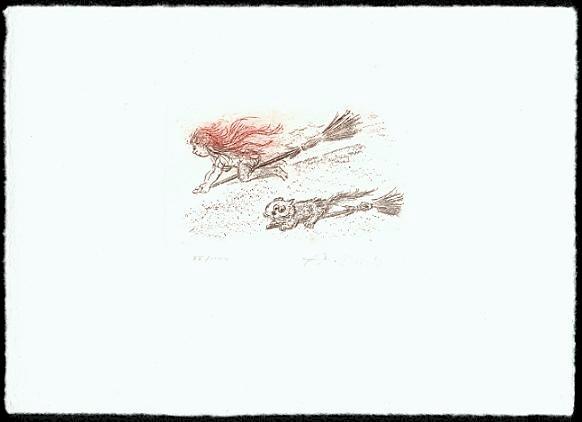 Cartoon  Grafik  &Auml;tzradierung / mehrfarbig Titel: Besenritt  -  zur&uuml;ck zur &Uuml;bersicht bitte hier klicken