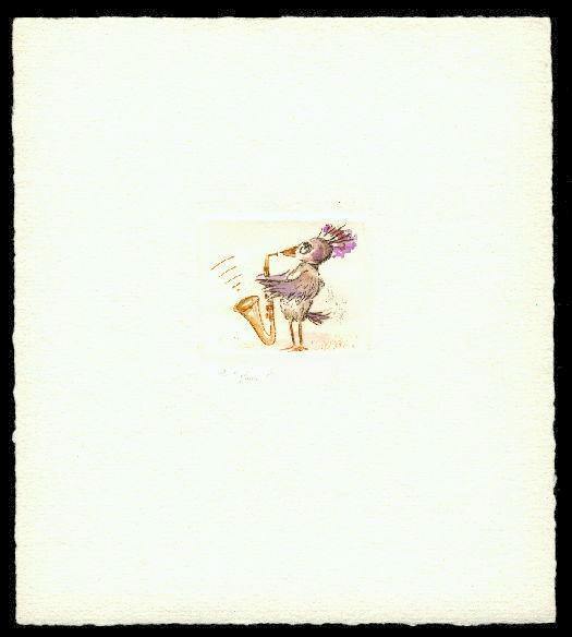 Druckgrafik   Kaltnadelradierung   Vogelhochzeit   Titel : Saxophon  -  zur&uuml;ck zur &Uuml;bersicht hier klicken