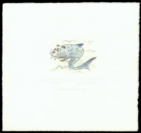 Cartoon  Grafik  Titel: Katzenhai   Technik: Kaltnadelradierung / mehrfarbig   Plattenformat: 8 cm x 6 cm   Papierformat ca. 20 cm x 18 cm     oder 14,5 cm x 20 cm   gedruckt auf B&uuml;ttenpapier   Auflage 1 - 100   -  zur&uuml;ck zur &Uuml;bersicht bitte hier klicken
