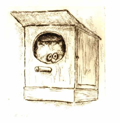 Cartoon   Kaltnadelradierung   Titel : Kater Im Vogelhaus  -  zur&uuml;ck zur &Uuml;bersicht hier klicken