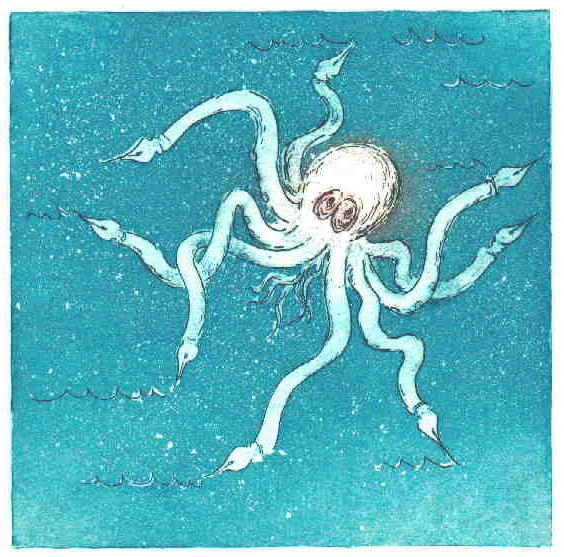 Cartoon  Grafik  Titel: Der Tintenkuli   Technik: Farbaquatinta   Plattenformat: 20 cm x 20 cm   Papierformat ca. 26,5 cm x 34 cm   gedruckt auf B&uuml;ttenpapier   Auflage 1 - 100  -  zur&uuml;ck zur &Uuml;bersicht bitte hier klicken