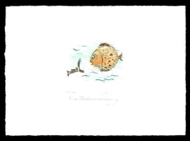 Cartoon  Grafik  Titel: Liebeserkl&auml;rung   Technik: Kaltnadelradierung   Plattenformat: 8 cm x 6 cm   Papierformat ca. 26,5 cm x 20 cm   gedruckt auf B&uuml;ttenpapier   Auflage 1 - 100   -  zur&uuml;ck zur &Uuml;bersicht bitte hier klicken
