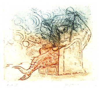 Cartoon   Titel: Nixe   Technik: Kaltnadelradierung   Plattenformat: 13 cm x 10 cm   Papierformat ca. 26,5 cm x 20 cm   gedruckt auf B&uuml;ttenpapier   Auflage 1 - 100  -  zur&uuml;ck zur &Uuml;bersicht bitte hier klicken