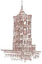 Berlin-Cartoon  Druckgrafik �tzradierung  Berliner Rathausuhr  -  zum vergr��ern hier klicken