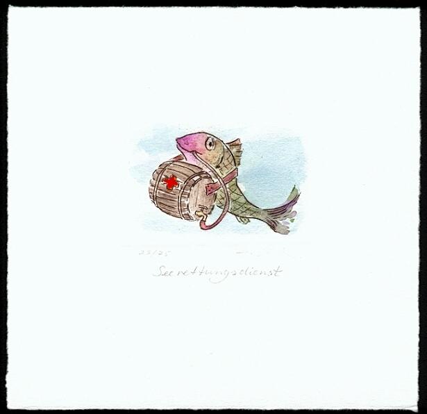 Cartoon  Grafik  Kaltnadel / Aquarell Titel: Seerettungsdienst  -  zur&uuml;ck zur &Uuml;bersicht bitte hier klicken