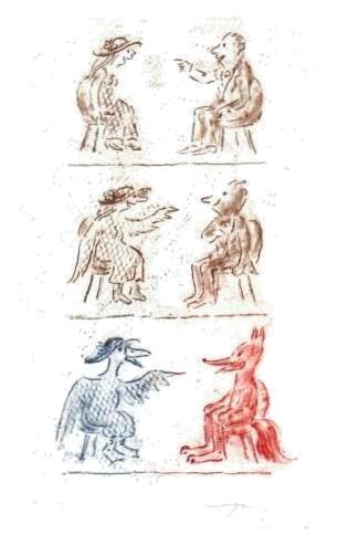 Cartoon  Druckgrafik   Titel: Smalltalk   Technik: Vernis mou   Plattenformat: 10 cm x 15 cm   Papierformat ca. 25 cm x 31 cm   gedruckt auf B&uuml;ttenpapier   Auflage 1 - 100   -   zur&uuml;ck zur &Uuml;bersicht bitte hier klicken