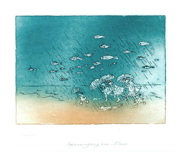 Cartoon   Farbaquatinta  Titel : Spaziergang am Meer - zur&uuml;ck zur &Uuml;bersicht hier klicken