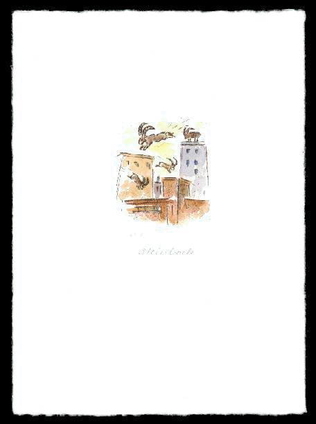 Kaltnadelradierung  Sternzeichen Steinbock coloriert ca. 20 cm  x 14,5 cm  -  zur&uuml;ck zur &Uuml;bersicht hier klicken