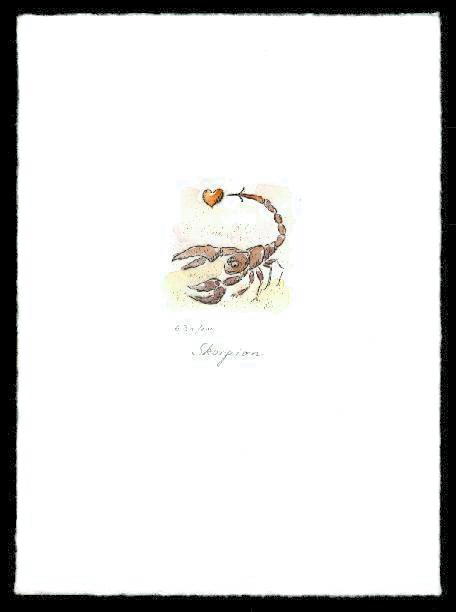 Kaltnadelradierung  Sternzeichen Skorpion  coloriert ca. 20 cm  x 14,5 cm  -  zur&uuml;ck zur &Uuml;bersicht hier klicken