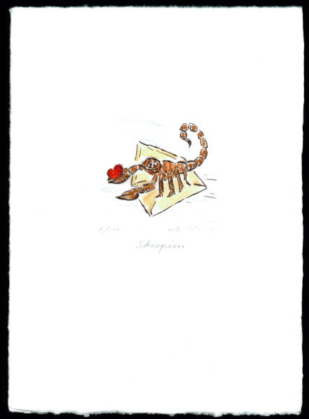 Kaltnadelradierung  Sternzeichen Skorpion coloriert              ca. 20 cm  x 14,5 cm  -  zur&uuml;ck zur &Uuml;bersicht hier klicken