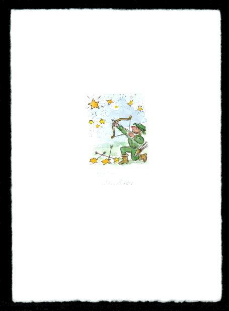 Kaltnadelradierung  Sternzeichen Schuetze coloriert ca. 20 cm  x 14,5 cm  -  zur&uuml;ck zur &Uuml;bersicht hier klicken