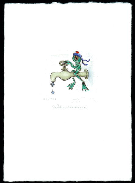 Kaltnadelradierung  Sternzeichen Wassermann coloriert          ca. 20 cm  x 14,5 cm  -  zur&uuml;ck zur &Uuml;bersicht hier klicken