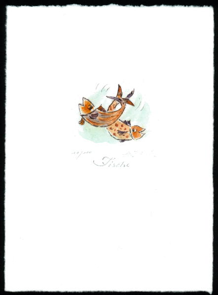 Kaltnadelradierung  Sternzeichen Fische coloriert               ca. 20 cm  x 14,5 cm  -  zur&uuml;ck zur &Uuml;bersicht hier klicken