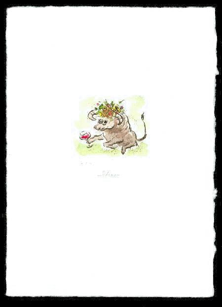 Kaltnadelradierung  Sternzeichen Stier  coloriert ca. 20 cm  x 14,5 cm  -  zur&uuml;ck zur &Uuml;bersicht hier klicken