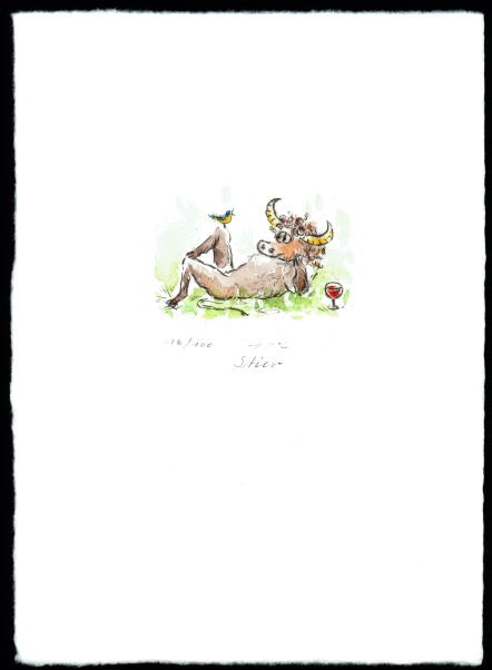 Kaltnadelradierung  Sternzeichen Stier coloriert                      ca. 20 cm  x 14,5 cm  -  zur&uuml;ck zur &Uuml;bersicht hier klicken