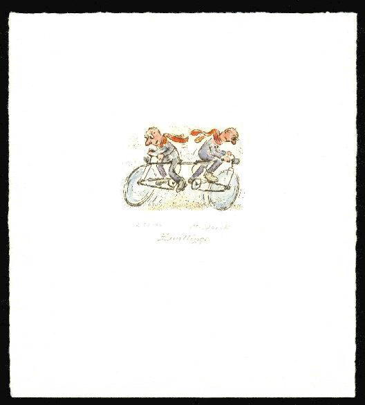 Kaltnadelradierung  Sternzeichen Zwillinge  coloriert          ca. 20 cm  x 14,5 cm  -  zur&uuml;ck zur &Uuml;bersicht hier klicken