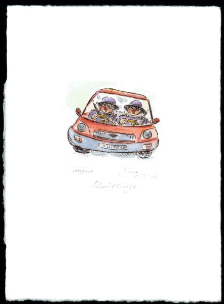 Kaltnadelradierung  Sternzeichen Zwillinge coloriert               ca. 20 cm  x 14,5 cm  -  zur&uuml;ck zur &Uuml;bersicht hier klicken