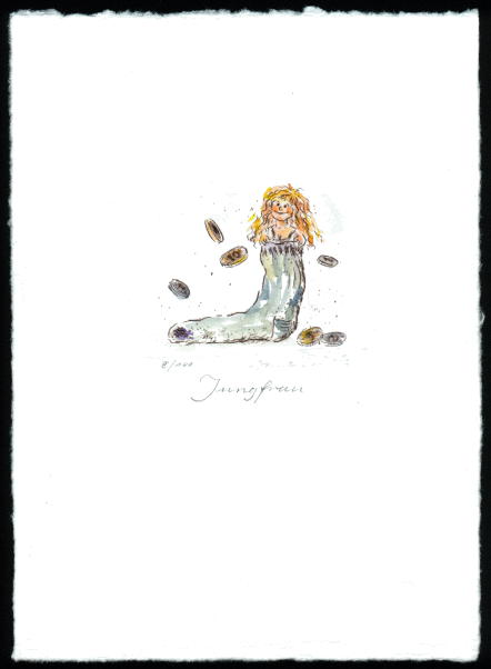 Kaltnadelradierung  Sternzeichen Jungfrau coloriert               ca. 20 cm  x 14,5 cm  -  zur&uuml;ck zur &Uuml;bersicht hier klicken