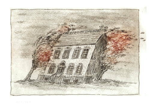 Cartoon  &Auml;tzradierung  Mischtechnik Titel : Der Sturm  -  zur&uuml;ck zur &Uuml;bersicht hier klicken