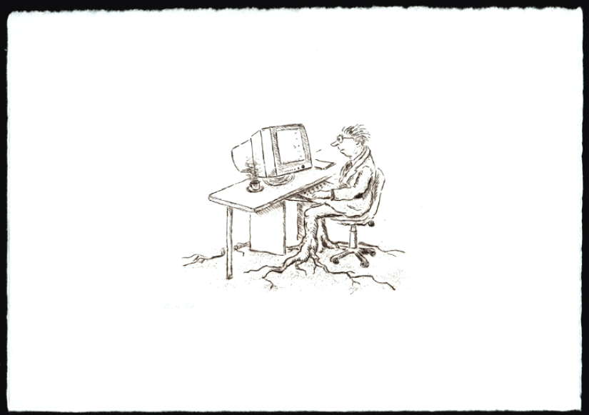 Cartoon  Kaltnadelradierung  Titel : Der Surfer  -  zur&uuml;ck zur &Uuml;bersicht hier klicken