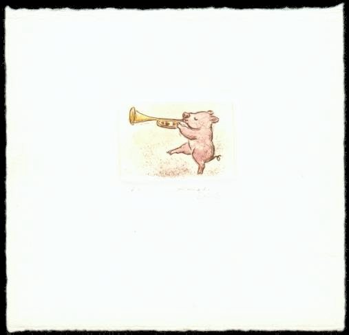 Cartoon  Grafik    Titel: Gl&uuml;cksschwein   Technik: Kaltnadel / Aquarell   Plattenformat: 6 cm x 4,5 cm   Papierformat ca. 20 cm x 18 cm   gedruckt auf B&uuml;ttenpapier   Auflage 1 - 100   -   zur&uuml;ck zur &Uuml;bersicht bitte hier klicken