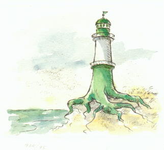 Cartoon  Grafik  Titel: Wurzelleuchtturm   Technik: Kaltnadel / Aquarell   Plattenformat: 11 cm x 9,5 cm   Papierformat ca. 25 cm x 31 cmgedruckt auf B&uuml;ttenpapier   Auflage 1 - 100   -  zur&uuml;ck zur &Uuml;bersicht bitte hier klicken