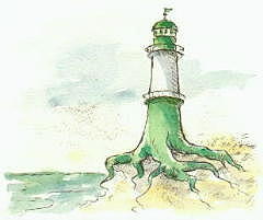 Cartoon Grafik Titel: Wurzelleuchtturm  -  zum vergr&ouml;&szlig;ern auf die Grafik klicken