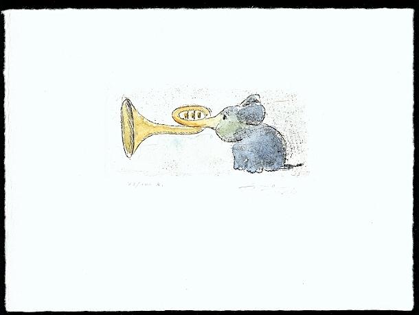 Cartoon  Grafik  &Auml;tzradierung / Aquarell Titel: Tutefant-  zur&uuml;ck zur &Uuml;bersicht bitte hier klicken