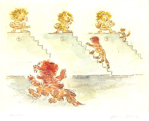 Cartoon  Grafik  Titel: Der Widerspenstigen Z&auml;hmung   Technik: Vernis mou / Aquarell   Plattenformat: 20 cm x 15 cm   Papierformat ca. 39 cm x 30 cm   gedruckt auf B&uuml;ttenpapier   Auflage 1 - 100   -  zur&uuml;ck zur &Uuml;bersicht bitte hier klicken