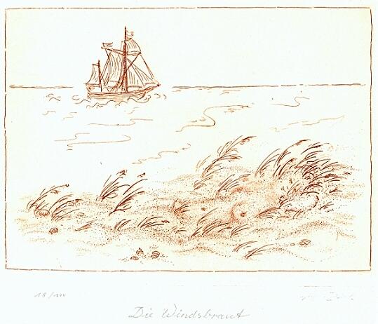 Cartoon  Grafik  &Auml;tzradierung Titel: Windsbraut  -  zur&uuml;ck zur &Uuml;bersicht bitte hier klicken