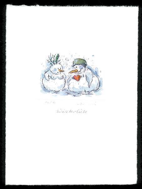 Weihnachten-Neujahr  Druckgrafik  Kaltnadel  / Aquarell  Titel : Schneemann mit V&ouml;geln - zur&uuml;ck zur &Uuml;bersicht hier klicken